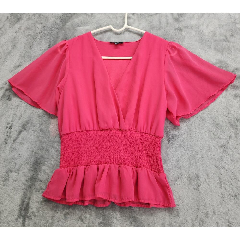 Kabina Top Womens L Pink Chiffon Lined V-Neck Flutter Sleeve‎ Ruffled Peplum Hem